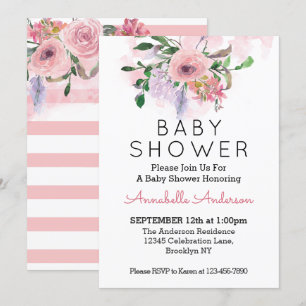 Blush Pink Gray Rose Floral Watercolor Babydusche Einladung