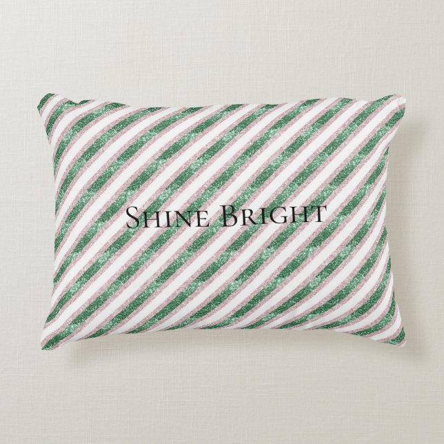 Blush Pink Green Glitter Stripes Christmas   Dekokissen (Vorderseite)