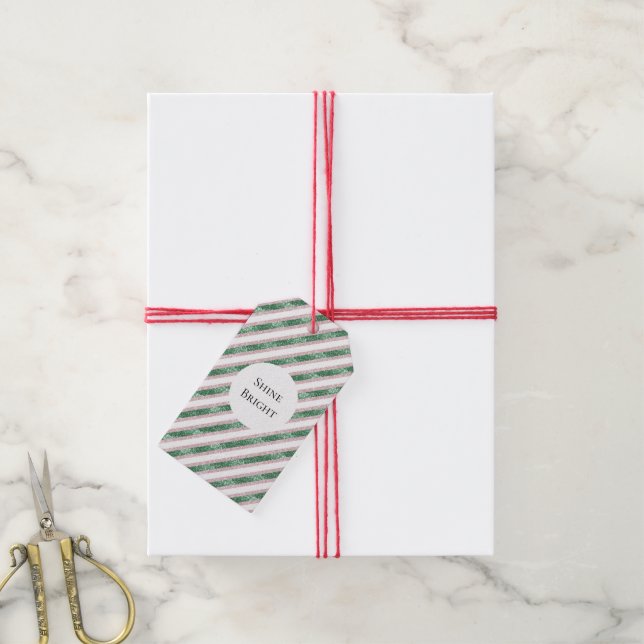 Blush Pink Green Glitter Stripes Christmas Geschenkanhänger (Mit Garn)