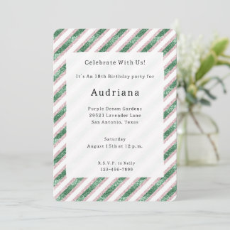 Blush Pink Green Glitzy Glam Chic Stripes Birthday Einladung