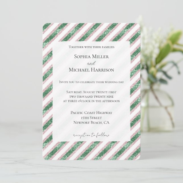Blush Pink Green Glitzy Glam Chic Stripes Hochzeit Einladung (Stehend Vorderseite)