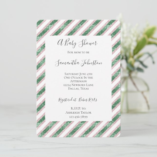 Blush Pink Green Glitzy Glam Stripes Baby Shower Einladung (Stehend Vorderseite)
