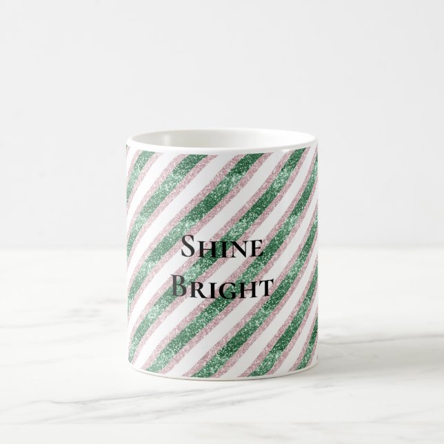 Blush Pink Green Glitzy Glitter Stripes Christmas Kaffeetasse (Mittel)