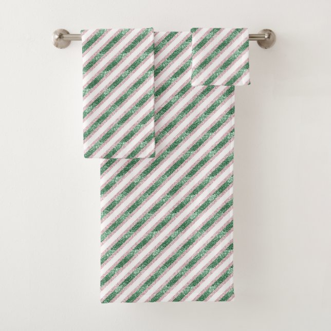 Blush Pink Green Glitzy Stripes Christmas Badhandtuch Set (Insitu)