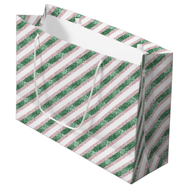 Blush Pink Green Glitzy Stripes Christmas Große Geschenktüte (Vorderseite Schrägansicht)