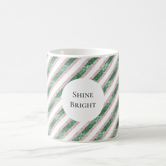 Blush Pink Green Glitzy Stripes Christmas Kaffeetasse (Mittel)