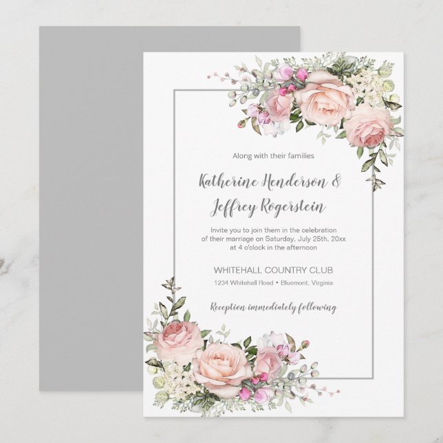 Blush Pink Green Grey Watercolor Blumenzehen Einladung (Vorne/Hinten)