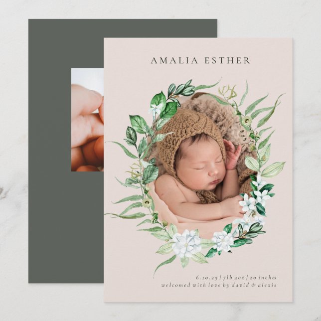 Blush Pink & Greenery Baby Girl Geburtserklärung Einladung (Vorne/Hinten)