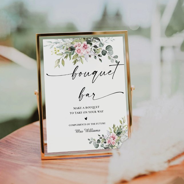Blush Pink Greenery Brautparty Bouquet Bar Sign Sockelschild (Von Creator hochgeladen)
