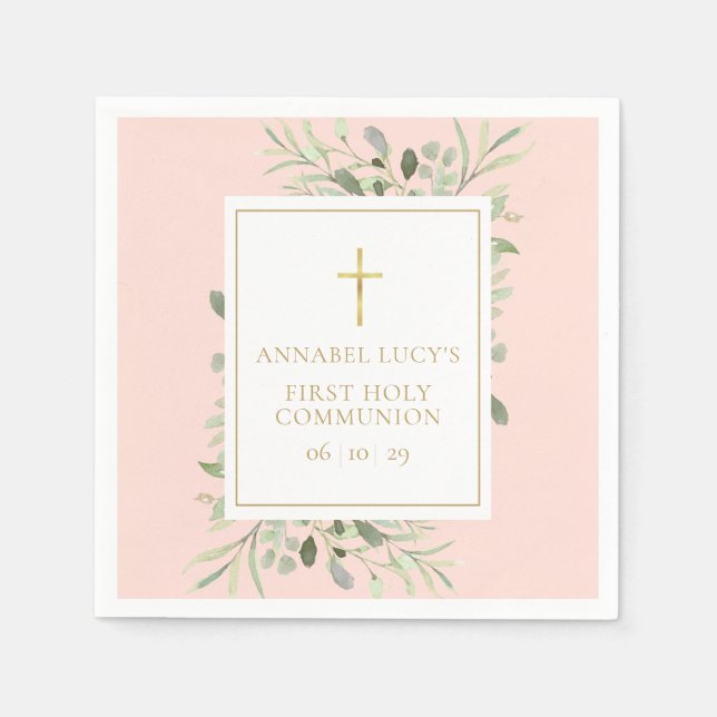 Blush Pink Greenery Erster Kommunion Serviette (Vorderseite)