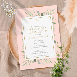Blush Pink Greenery First Holy Communion Einladung