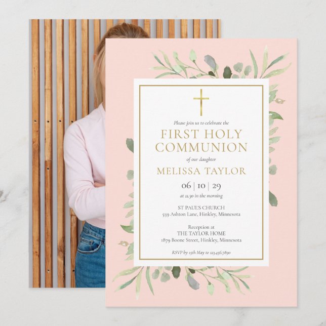 Blush Pink Greenery Foto Erste Heilige Kommunion Einladung (Vorne/Hinten)