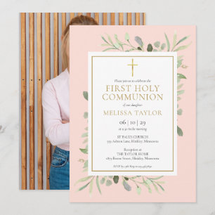 Blush Pink Greenery Foto Erste Heilige Kommunion Einladung