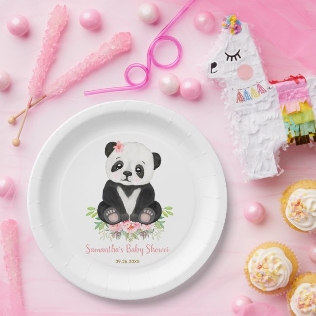 Blush Pink Greenery Niedlich Bear Girl Babydusche Pappteller (Party)