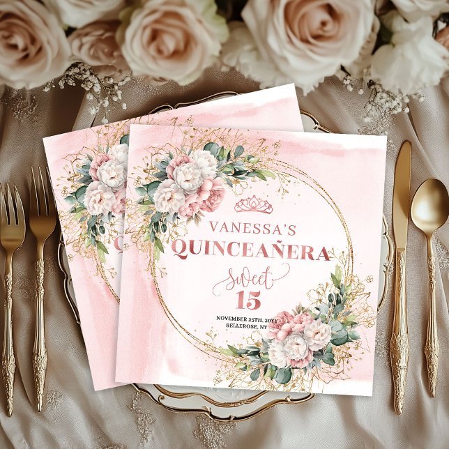 Blush Pink Greenery Quinceañera Party Napkins Serviette (Blush Pink Greenery Quinceañera Party Napkin Design)
