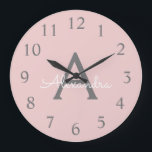Blush Pink Grey Modern Script Girly Monogram Name Große Wanduhr<br><div class="desc">Blush Pink and Grey Simple Script Monogram Name Clock. This makes the perfect sweet 16 birthday,  wedding,  bridal shower,  anniversary,  baby shower or bachelorette party gift for someone that loves glam luxury and chic styles.</div>