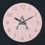 Blush Pink Grey Modern Script Girly Monogram Name Große Wanduhr<br><div class="desc">Blush Pink and Grey Simple Script Monogram Name Clock. This makes the perfect sweet 16 birthday,  wedding,  bridal shower,  anniversary,  baby shower or bachelorette party gift for someone that loves glam luxury and chic styles.</div>