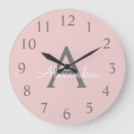 Blush Pink Grey Modern Script Girly Monogram Name Große Wanduhr