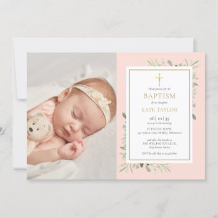 Blush Pink Grüne Taufe Christening Foto Einladung