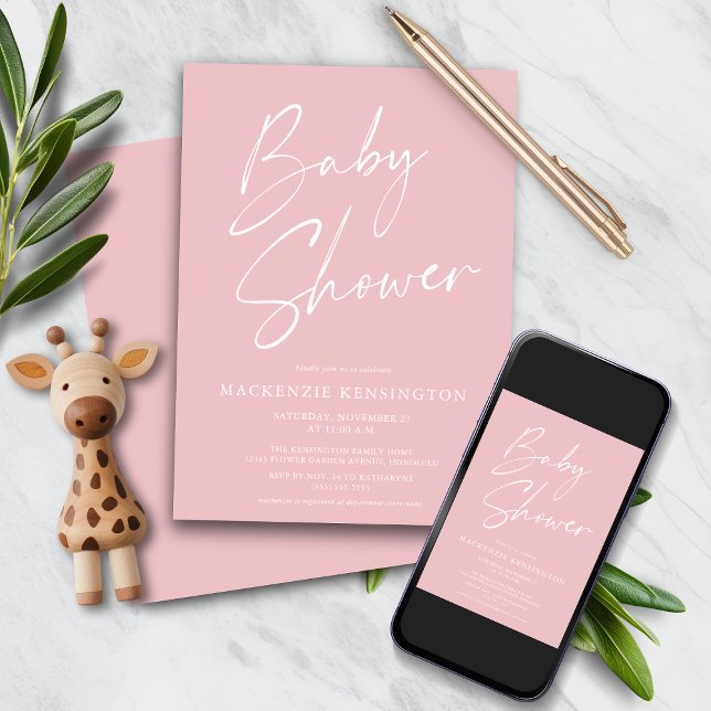 Blush Pink Handgeschriebenes Script Girl Dusche In Einladung (Blush Pink Handwritten Script Baby Girl Shower Invitation with instant download option)