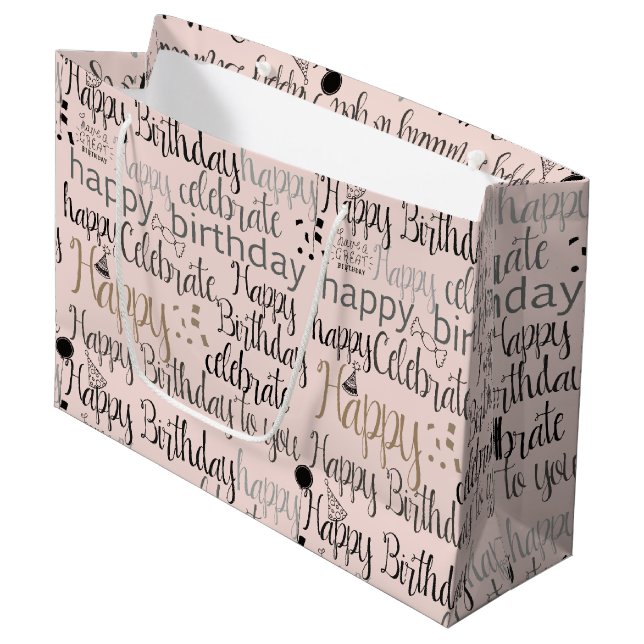 Blush Pink Happy Birthday Große Geschenktüte (Vorderseite Schrägansicht)