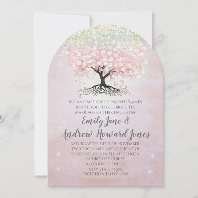 Blush Pink Heart Leaf Tree Country Wedding Einladung (Vorderseite)