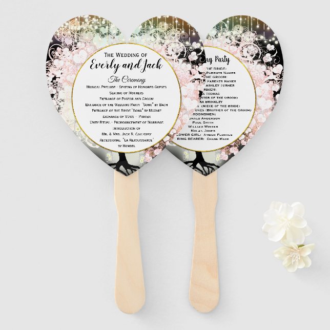 Blush Pink Heart Leaf Tree Wedding Programm Black Fächer (Vorne und Hinten)