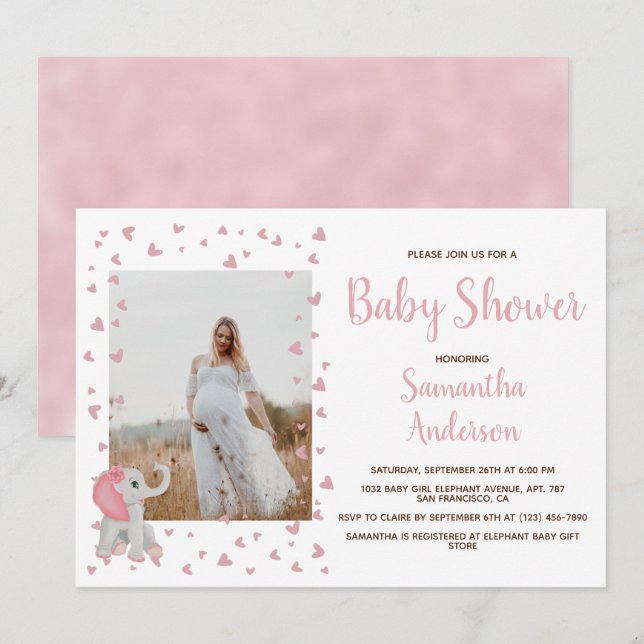 Blush Pink Hearts Elephant Baby Dusche Foto Einladung (Vorne/Hinten)