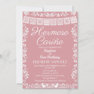 Blush Pink Hermoso Cariño Baptism & First Birthday Einladung