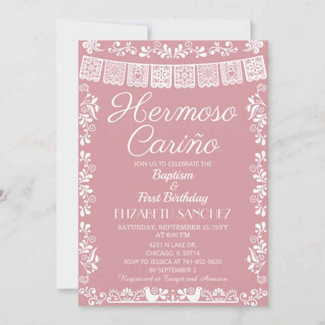 Blush Pink Hermoso Cariño Baptism & First Birthday Einladung (Vorderseite)