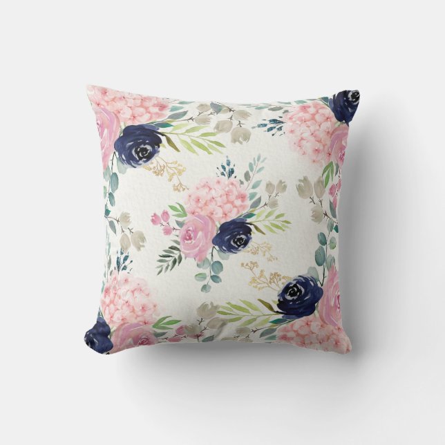 Blush Pink Hidrangea, Marineblauer Pilz Kissen (Vorderseite)