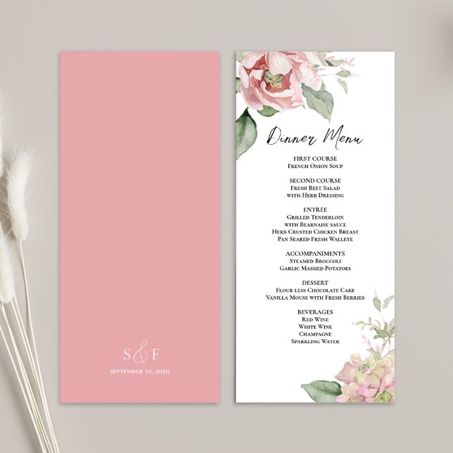Blush Pink Hochzeit Blumenessen Menükarte (Wedding elegant floral menu card template. )