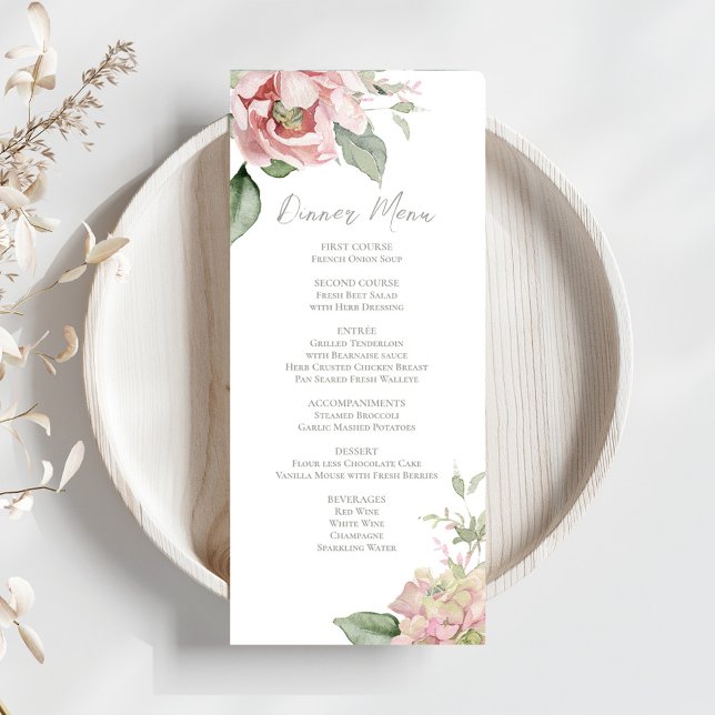 Blush Pink Hochzeit Blumenessen Menükarte (Elegant blush pink floral dinner menu card template. )