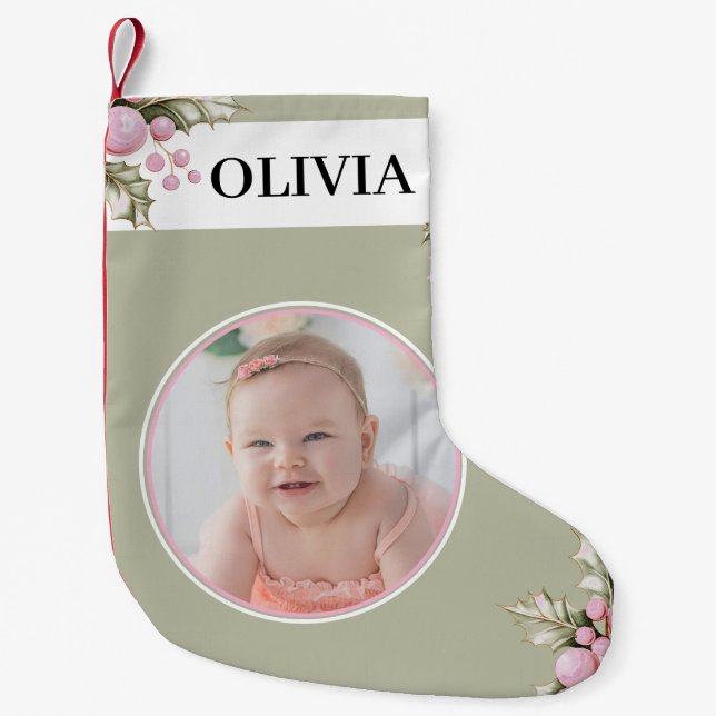 Blush Pink Holly Berry Weihnachtsfest Strumpf Kleiner Weihnachtsstrumpf (Vorderseite)