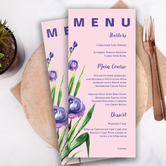 Blush Pink Hübsch Blue Floral Wedding Party Menükarte (Blush Pink Pretty Blue Floral Wedding Party Menu)
