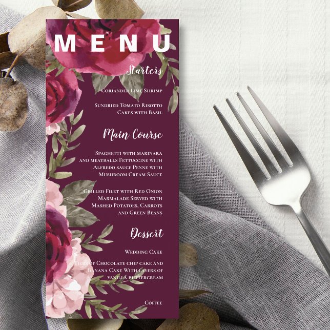 Blush Pink Hübsche Burgunder Blumenfeier Menükarte (Blush Pink Pretty Burgundy Floral Wedding Party Menu)