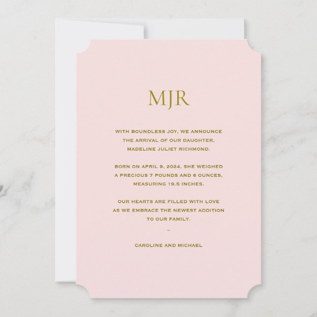 Blush Pink Initials Girl Birth Ankündigung (Vorderseite)