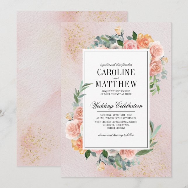 Blush Pink Ivory Floral Wasserfarbe Hochzeit Einladung (Vorne/Hinten)