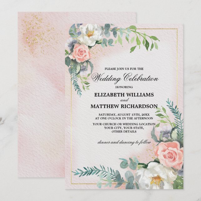 Blush Pink Ivory Floral Wasserfarbe Hochzeit Einladung (Vorne/Hinten)
