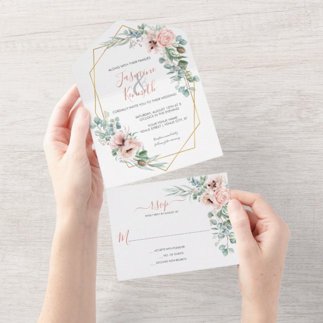 Blush Pink & Ivory Geometric Floral Wedding All In One Einladung (Abreißen)