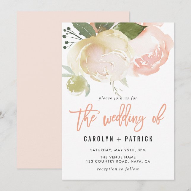 Blush Pink Ivory Peony Wedding Einladung (Vorne/Hinten)