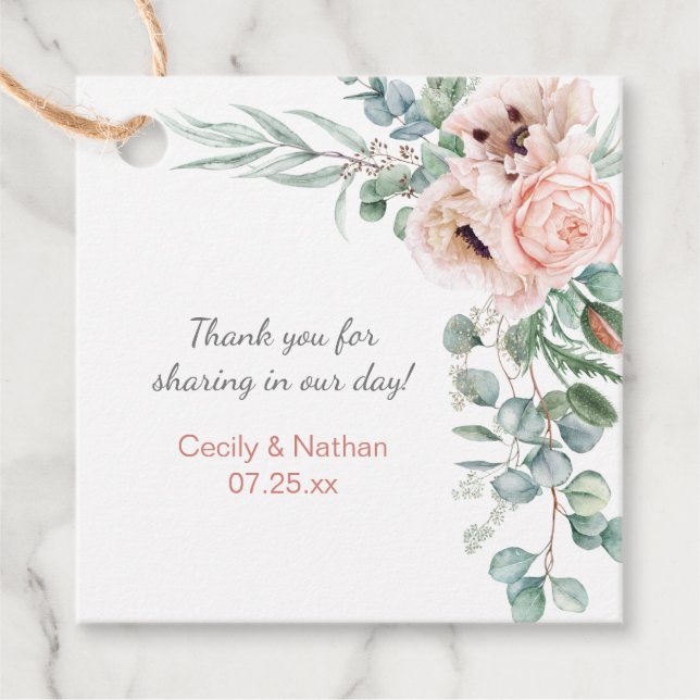 Blush Pink Ivory Poppies Peonies Wedding Gift Geschenkanhänger (Vorderseite)