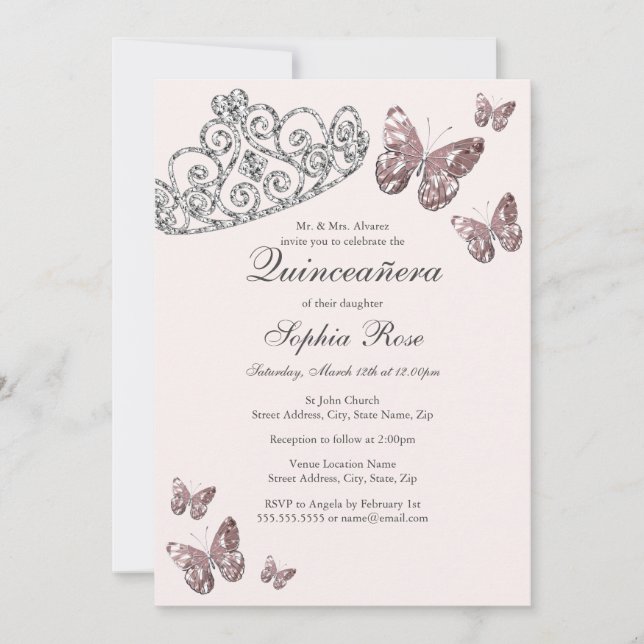 Blush Pink Jewel Tiara Butterfly Quinceanera Einladung (Vorderseite)