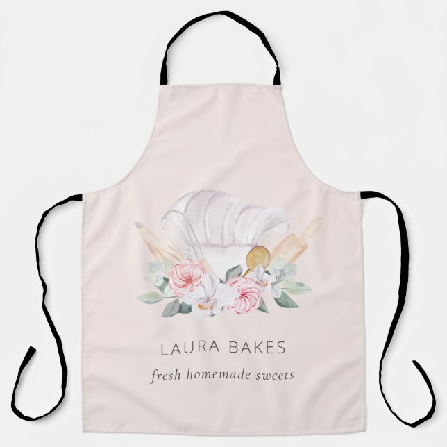 Blush Pink Koch Hat Catering Floral Roller Whisky Schürze (Vorderseite)