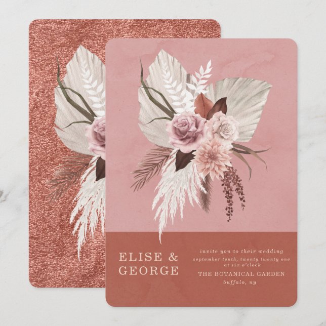 Blush Pink Kupfer Tropische Pampas Einzigartige Ho Einladung (Vorne/Hinten)