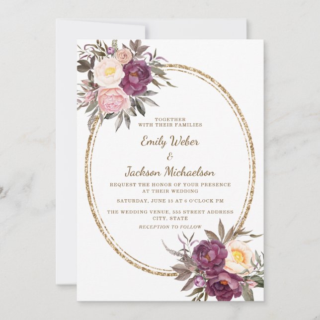 Blush Pink Lila Creme Floral Gold Hochzeit Einladung (Vorderseite)