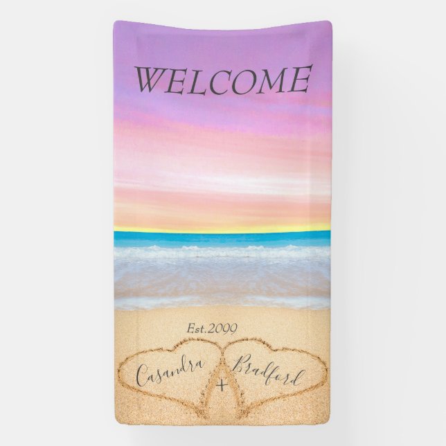 Blush Pink Lila Hearts Beach Begrüßung Banner (Vertikal)