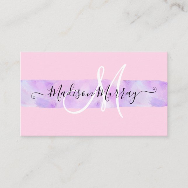 Blush Pink & Lilac Lila Einhorn Monogramm Name Visitenkarte (Vorderseite)