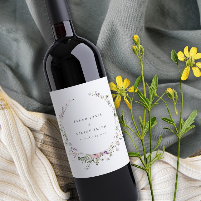 Blush Pink Lilac Wildblume Circle Frame Wedding Weinetikett (Von Creator hochgeladen)