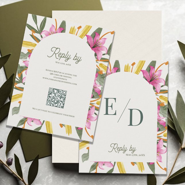 Blush Pink Lily Arched RSVP Card with QR Code Karte (Blush Pink Lily Arched RSVP Card with QR Code | Romantic Botanical Floral Arch Wedding Response Card)